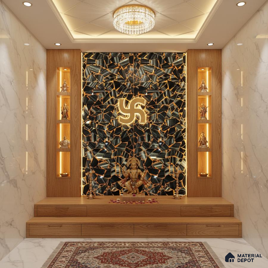 Modern pooja room with marble wall tiles, wooden laminate, and black-gold mosaic accent panel
