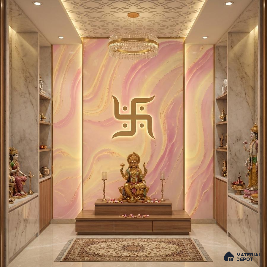 Modern pooja room with pastel marble-look wallpaper, white marble laminate, and wooden laminate storage