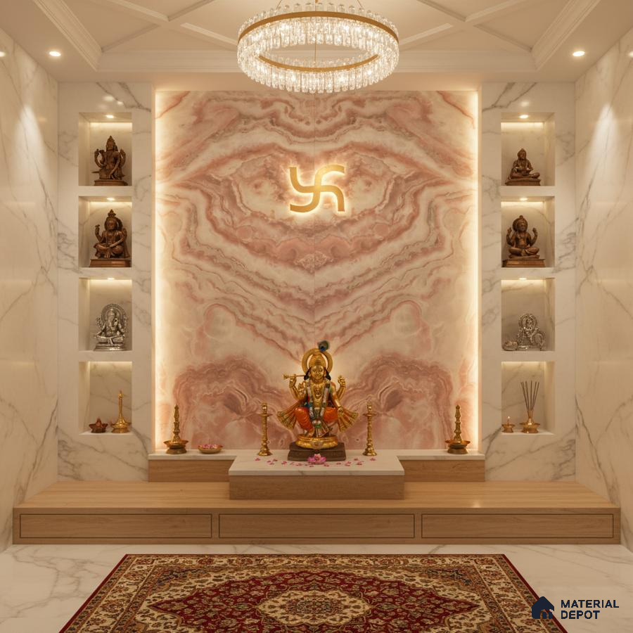 Modern pooja room with pink onyx marble accent wall, white marble wall tiles, and wooden platform