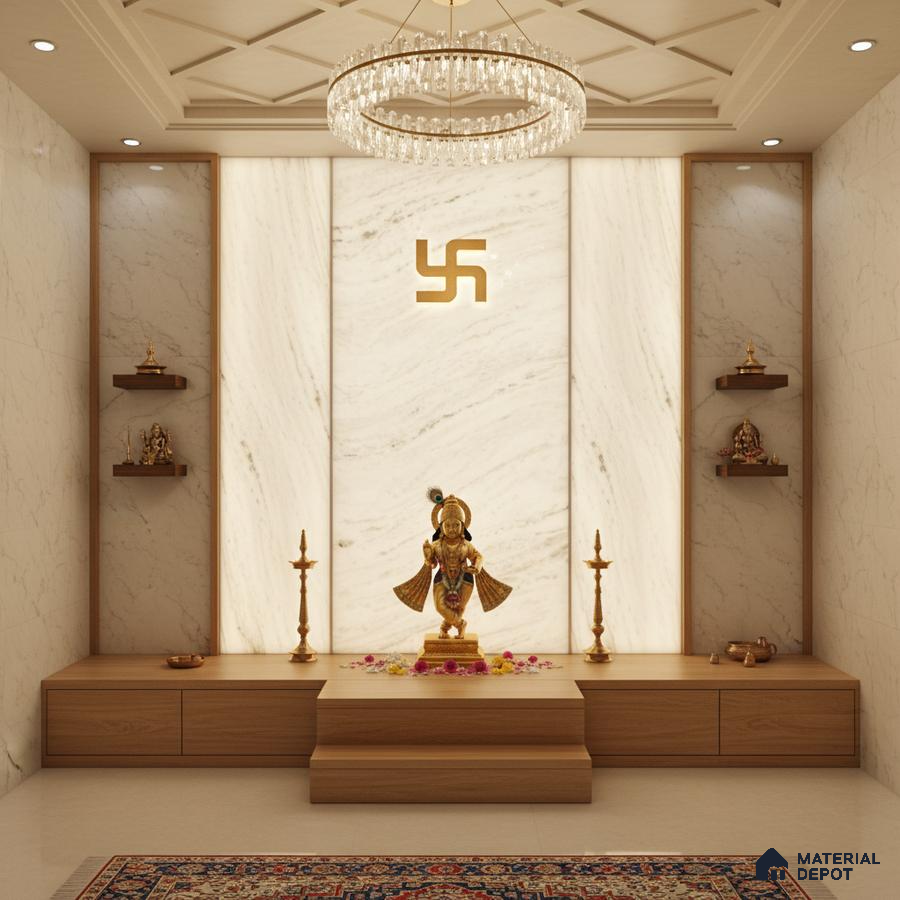 Modern pooja room with white marble laminate, wooden laminate base, and backlit marble accent wall