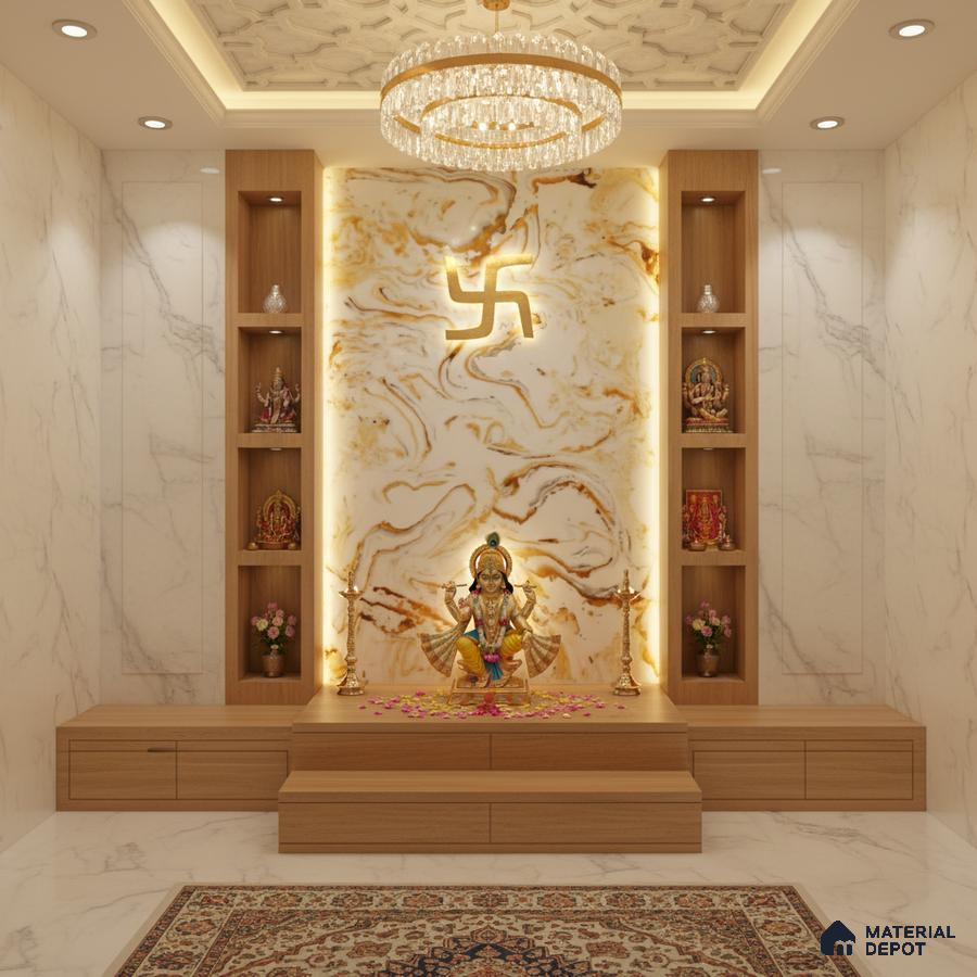 Modern pooja room with white marble wall tiles, backlit golden marble accent panel, and light oak laminate storage