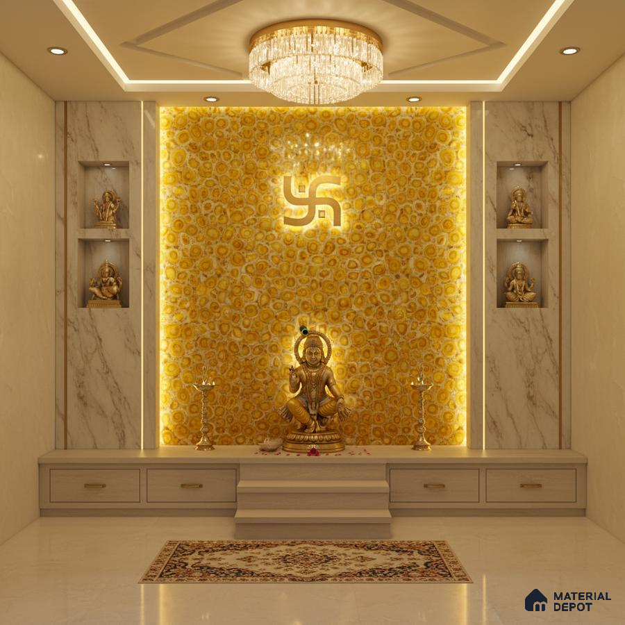 Modern pooja room with yellow agate backlit panel and marble wall cladding