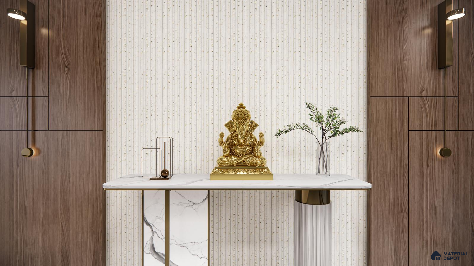 Modern Pooja Unit with White and Gold Fluted Panel Backdrop | Material Depot