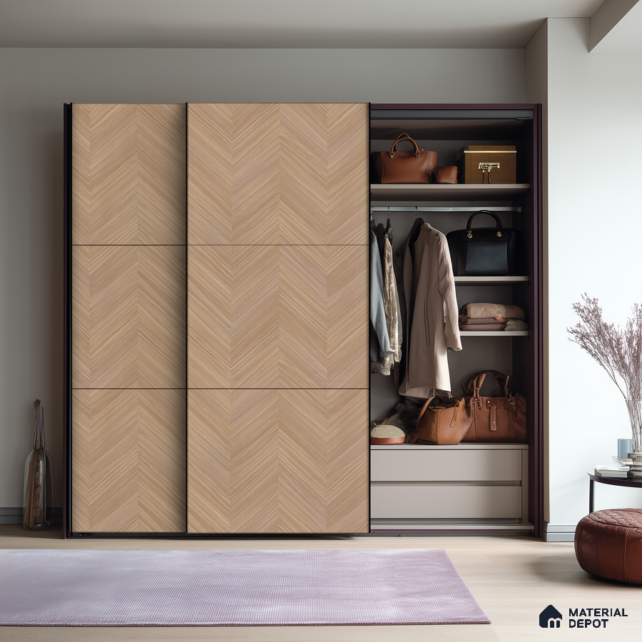 Minimalist Bedroom with Glossy Chevron Wood Laminate Wardrobe and Long Black Handles | Material Depot