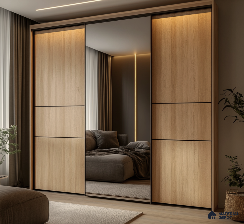 Modern Sliding Wooden Laminate Wardrobe with Mirror Panel for Elegant Bedroom | Material Depot