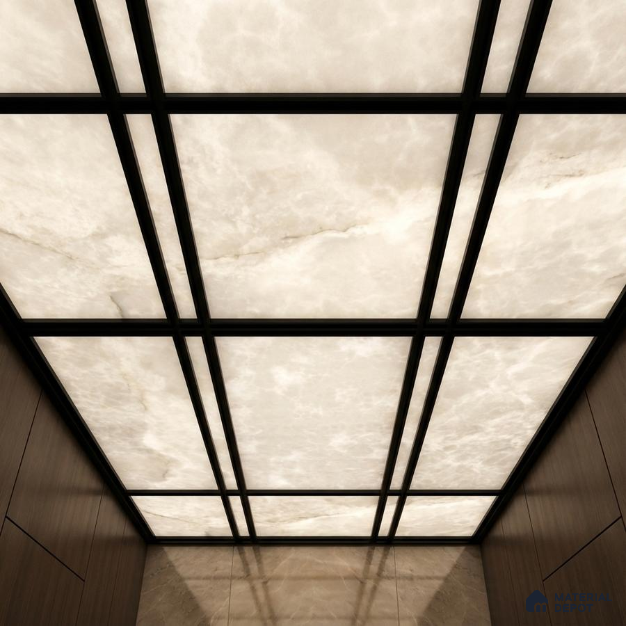 Modern space with backlit alabaster ceiling panels and walnut wood wall cladding