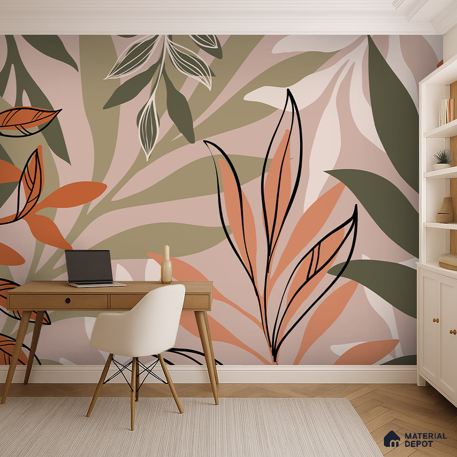 Modern study room with abstract floral wallpaper and light wood desk in Bengaluru