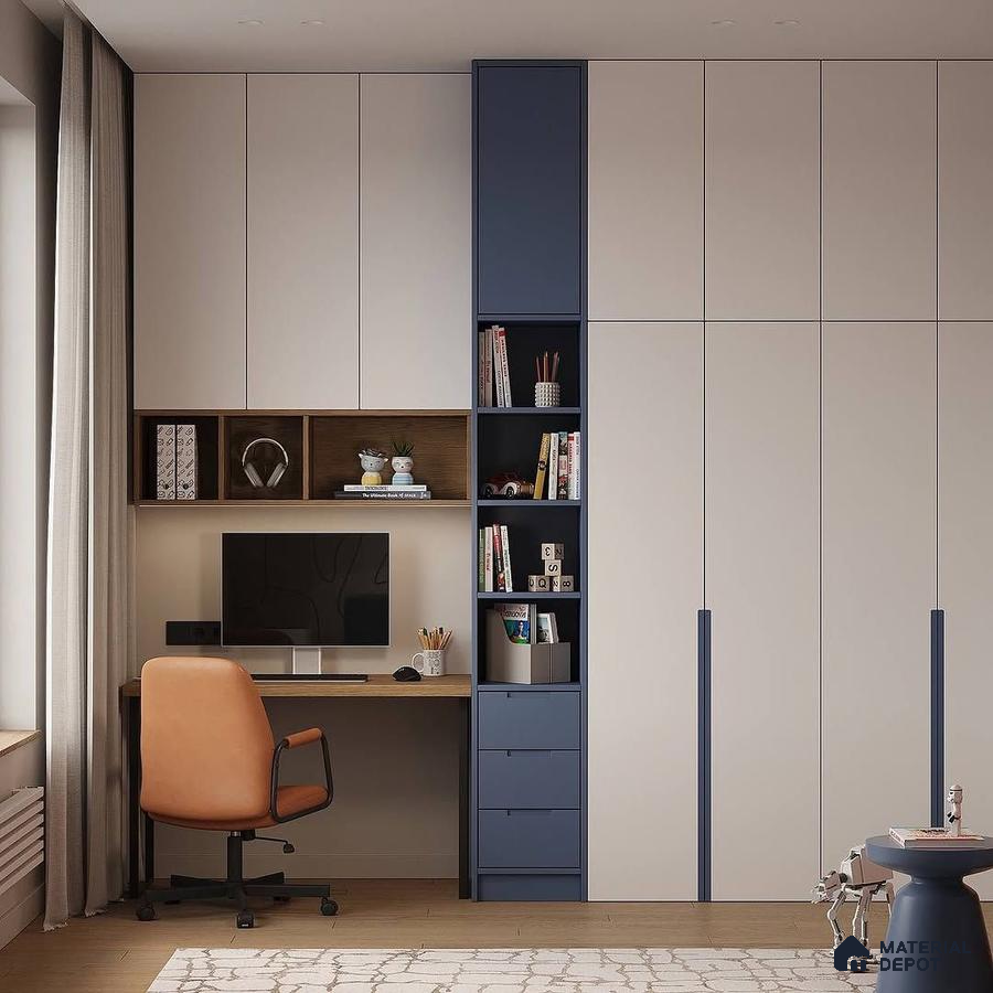 Modern study room with frosty white and navy blue laminate wardrobe, oak wood study desk, and open shelving | Material Depot