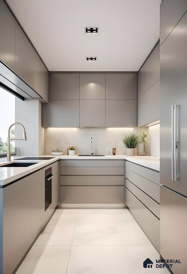 Modern Taupe Modular Kitchen With Seamless Matte Finish | Material Depot