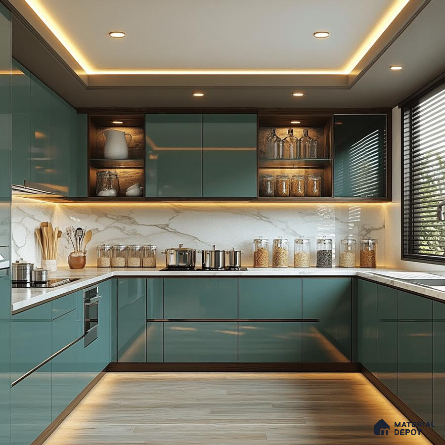Modern Teal Kitchen Featuring Integrated Lighting and Wooden Accent Shelving | Material Depot