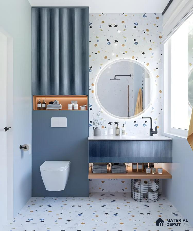 Modern Terrazzo Bathroom with Blue Vanity and Round Mirror | Material Depot