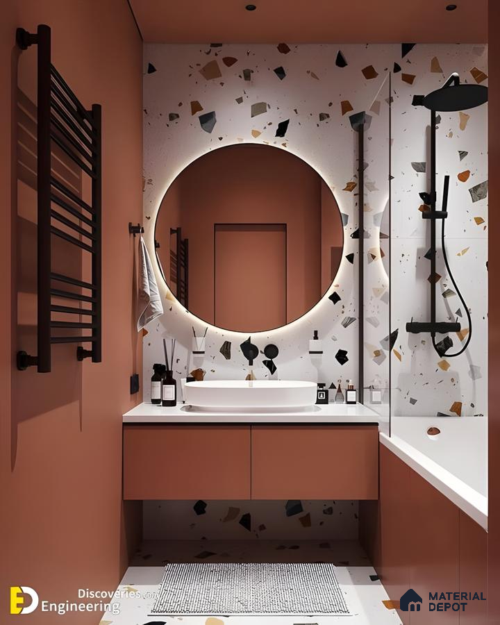 Modern Terrazzo Flair: Peach and Charcoal Accents in a Stylish Bathroom Space | Material Depot