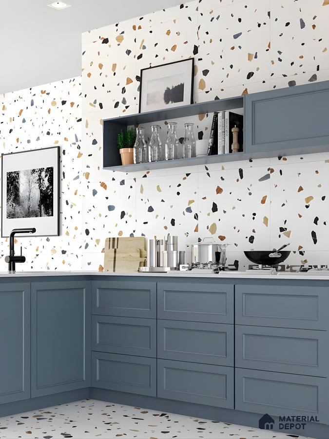Modern Terrazzo Kitchen With Dusty Blue Cabinets And Matte Black Fixtures | Material Depot