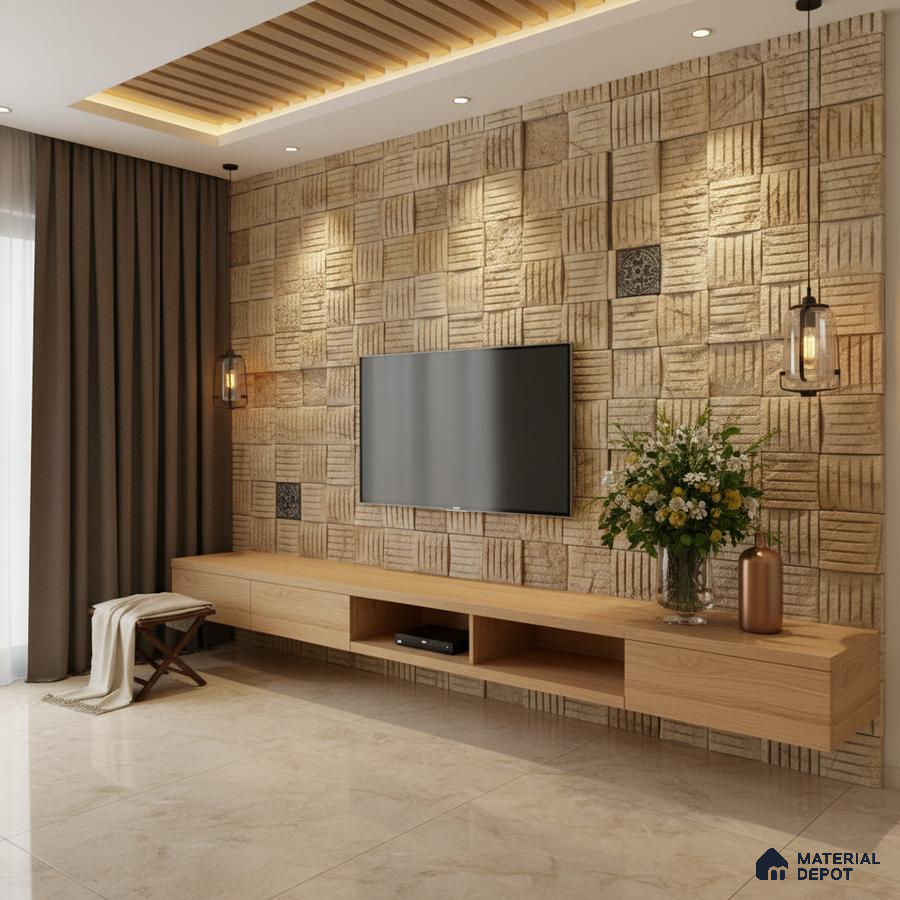 Modern TV unit with beige stone cladding accent wall and light oak laminate floating cabinet in Bengaluru