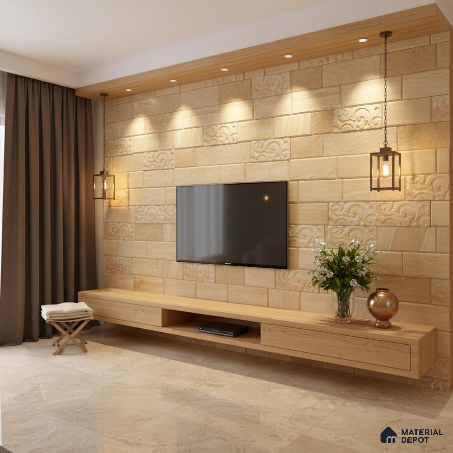 Modern TV unit with beige stone cladding wall and light oak laminate floating cabinet in Bengaluru