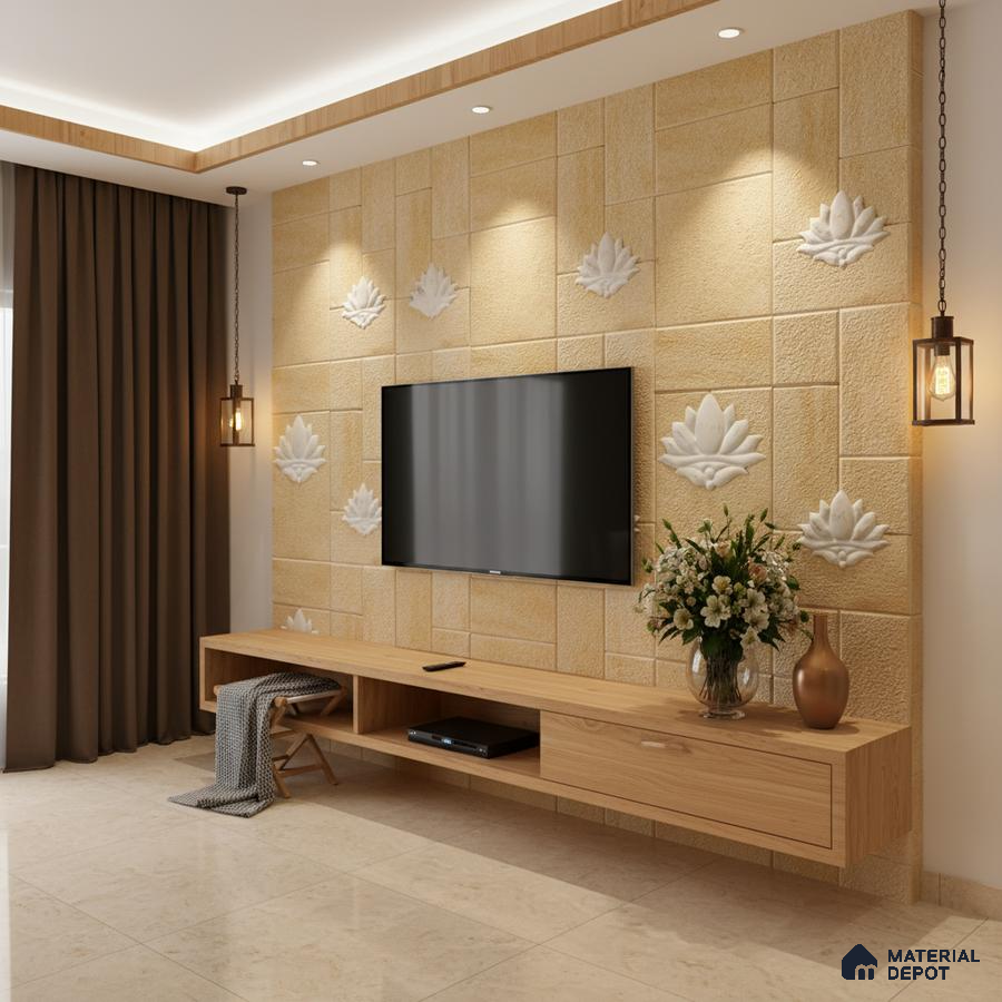 Modern TV unit with beige stone cladding wall and light oak laminate floating cabinet in Bengaluru