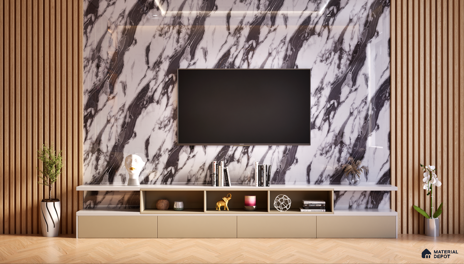 Modern TV Unit With Black And White Marble Laminate And Wooden Slats | Material Depot