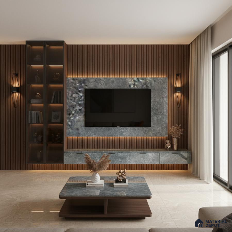 Modern living room with white marble laminate TV unit, walnut wood fluted wall panels, and beige marble floor tiles in Bengaluru