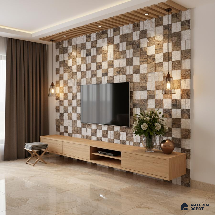 Modern TV unit with checkered stone cladding accent wall and light oak laminate floating cabinet in Bengaluru