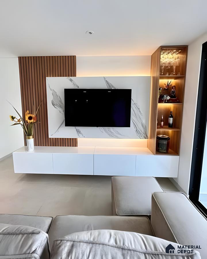 Modern Tv Unit With Marble Panel, Fluted Wood Accent, And Backlit Bar Display | Material Depot