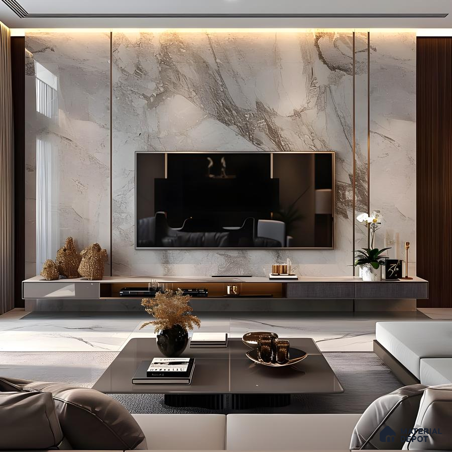 Modern Tv Unit With Marble Wall, Grey Cabinets, And Wood Accents | Material Depot
