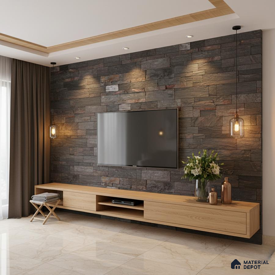 Modern TV unit with natural oak laminate and stacked stone cladding accent wall in Bengaluru