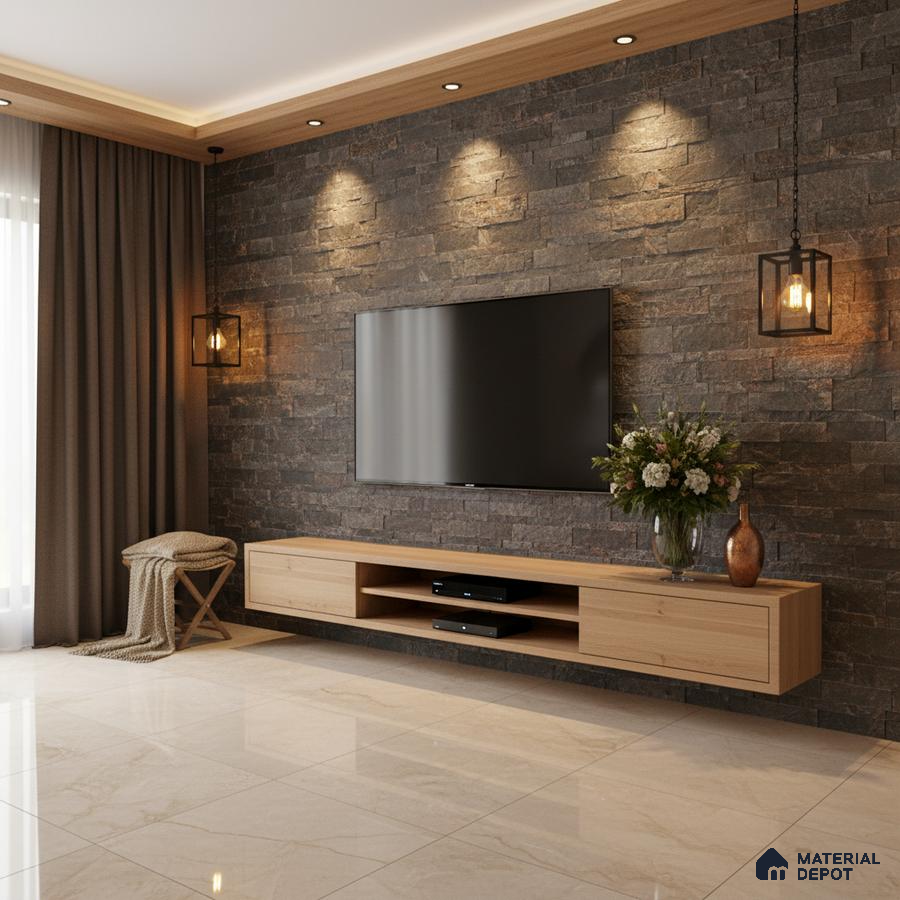 Modern TV unit with natural oak laminate, stacked stone cladding wall, and polished beige marble floor in Bengaluru