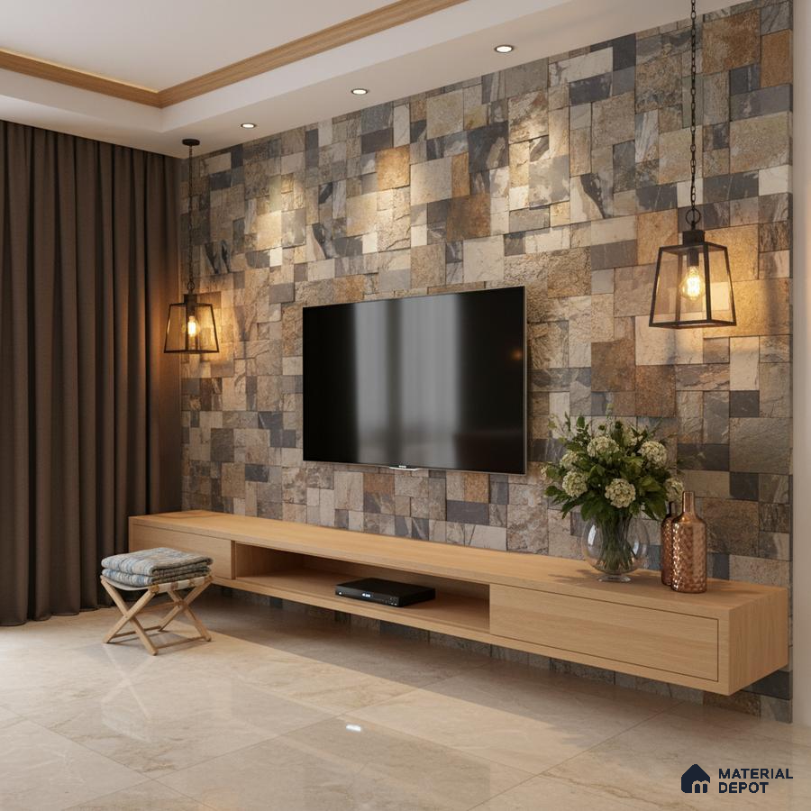 Modern TV unit with natural stone cladding accent wall and light oak laminate floating cabinet in Bengaluru