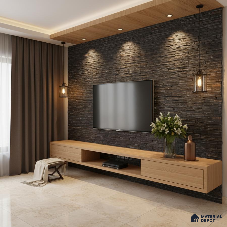 Modern TV unit with oak wood laminate, black stacked stone cladding, and beige marble floor tile in Bengaluru