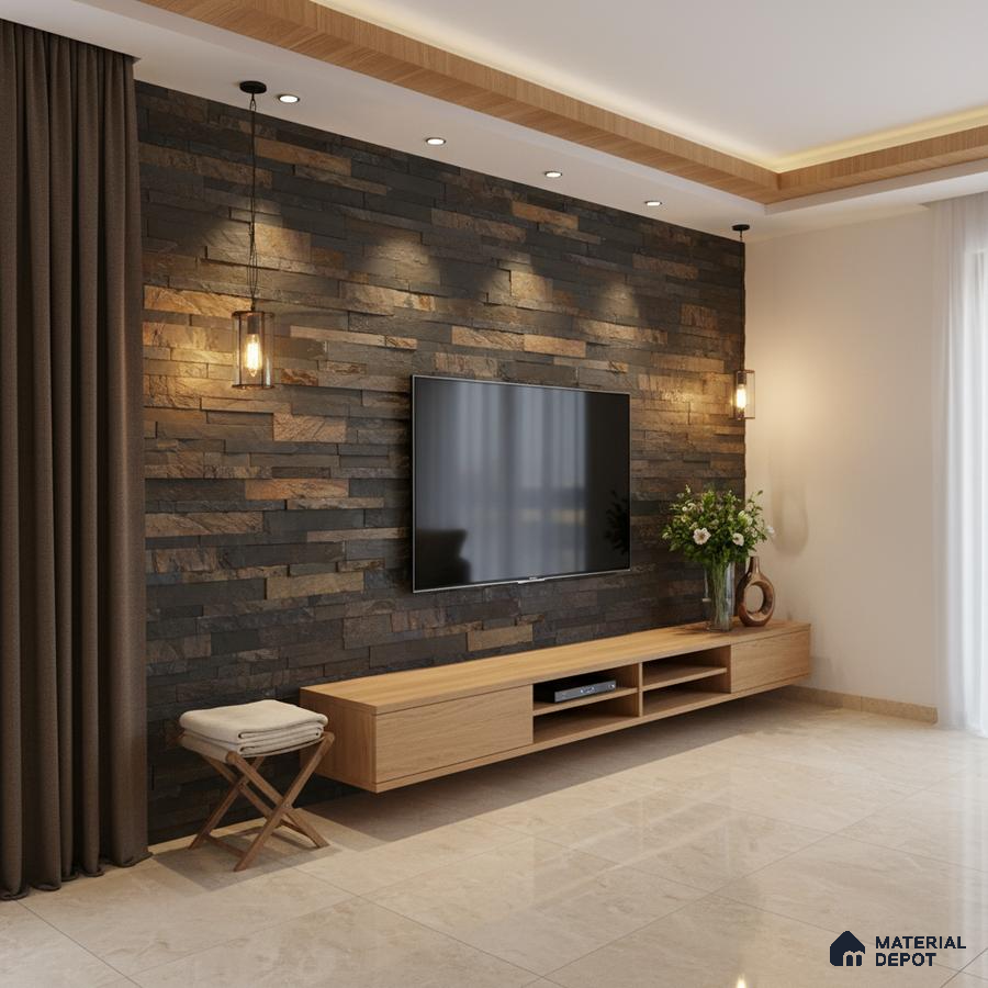 Modern TV unit with stacked stone cladding and light oak laminate cabinet in living room in Bengaluru