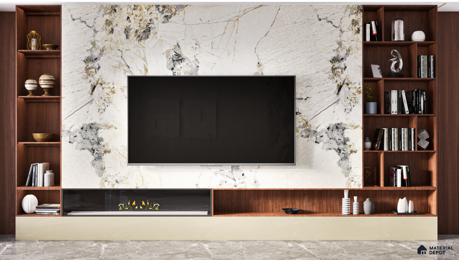Modern TV Unit With Beige Textured Marble Laminate And Gold Accents | Material Depot