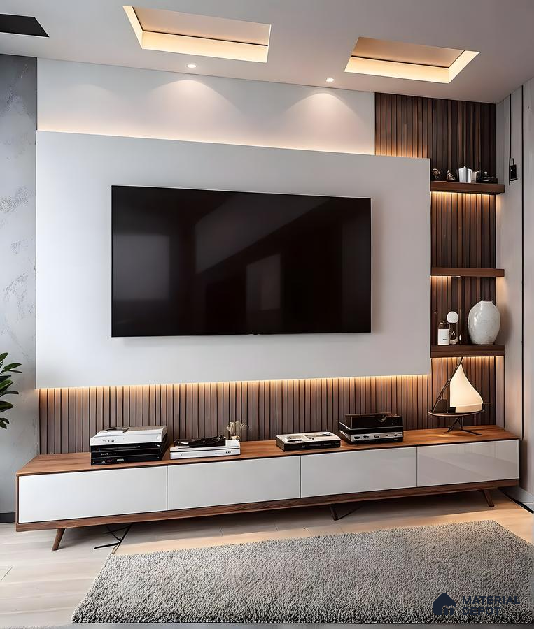 Modern Tv Unit With Vertical Fluted Panels And Ambient Lighting Accents | Material Depot