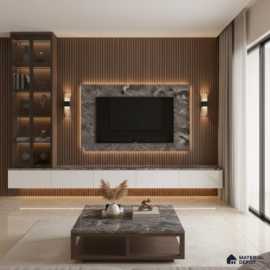 Modern living room with white marble laminate TV wall and walnut brown fluted panel in Bengaluru
