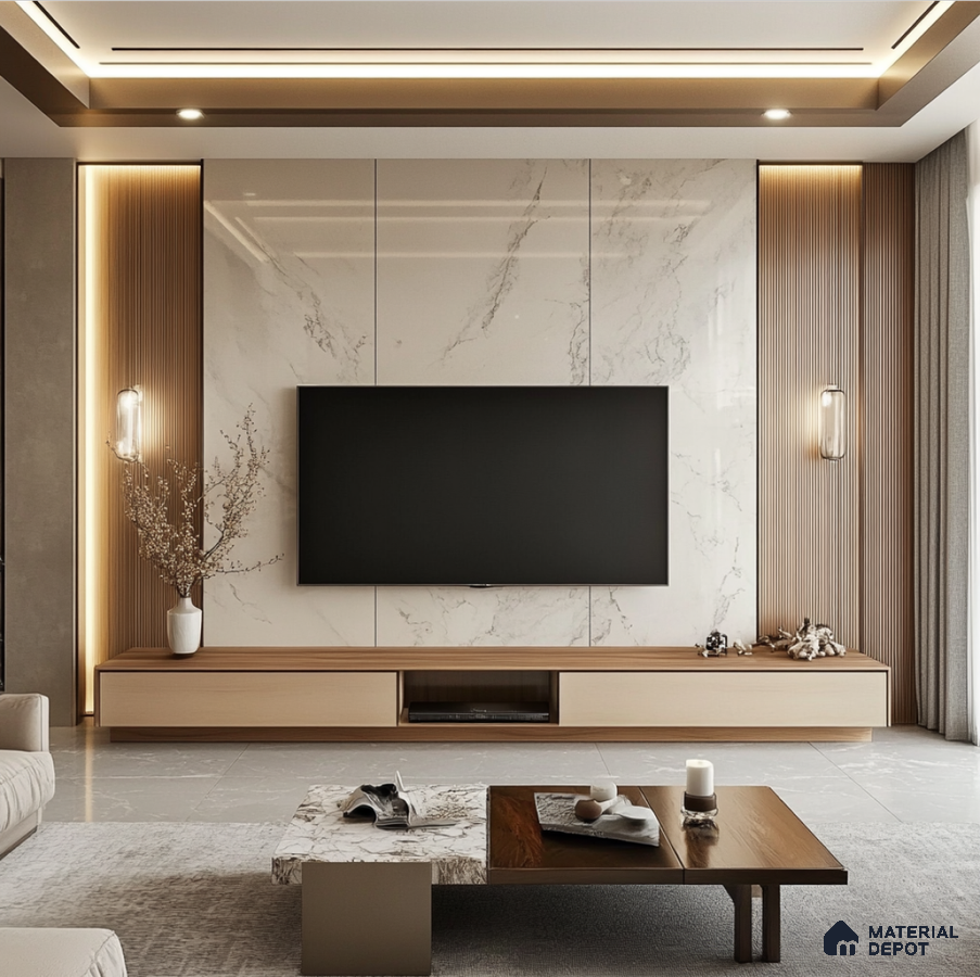 Modern TV Unit With White Marble Laminate And Light Wood Panels | Material Depot