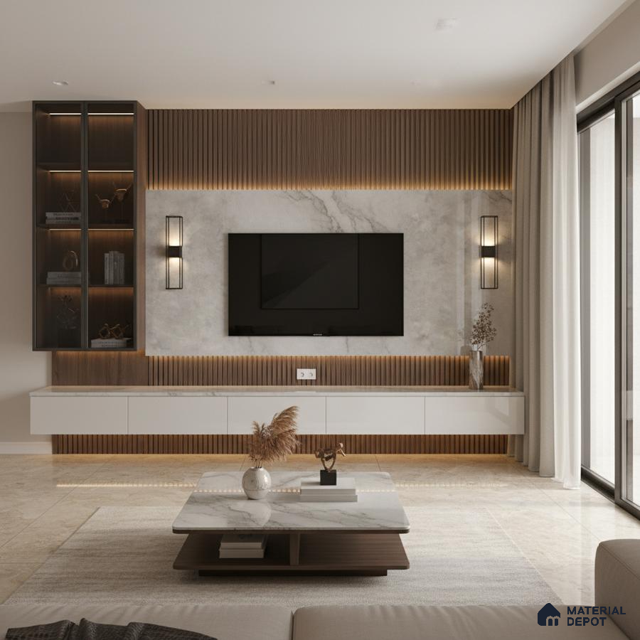 Modern living room with white marble laminate TV wall, walnut wood louvers, and beige marble floor tiles in Bengaluru