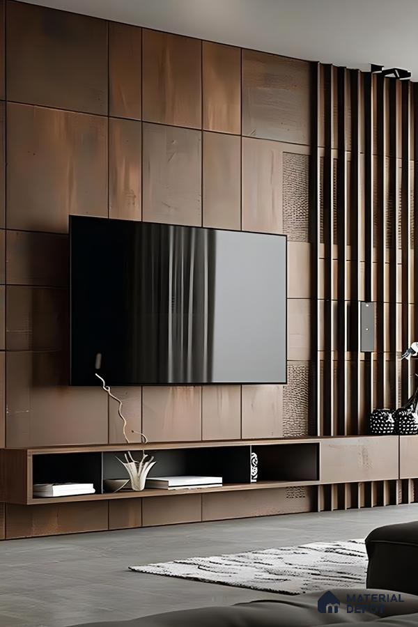 Modern TV Unit with Wood-Paneled Accent Wall and Sleek TV Console | Material Depot