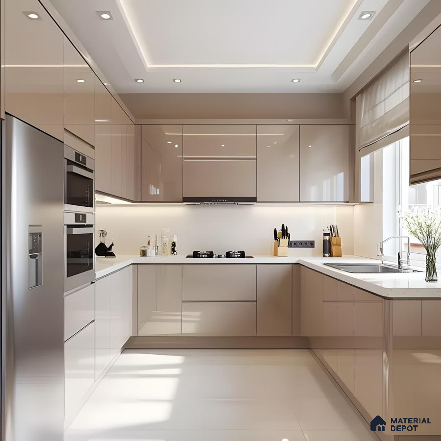 Modern U Shaped Modular Kitchen Design With Glossy Cabinets And Integrated Appliances | Material Depot
