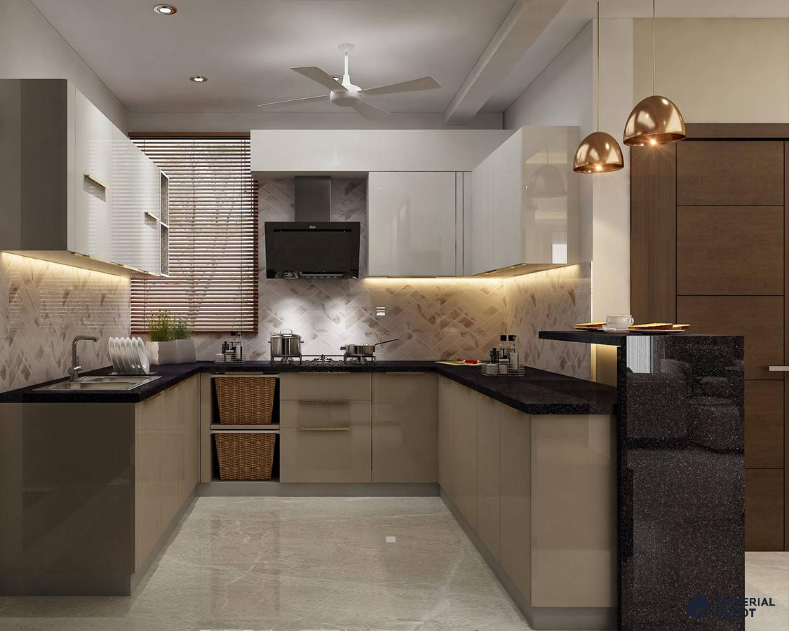 Modern U-shaped kitchen with beige and white high gloss laminate, black granite countertop, and geometric backsplash tile in Bengaluru | Material Depot