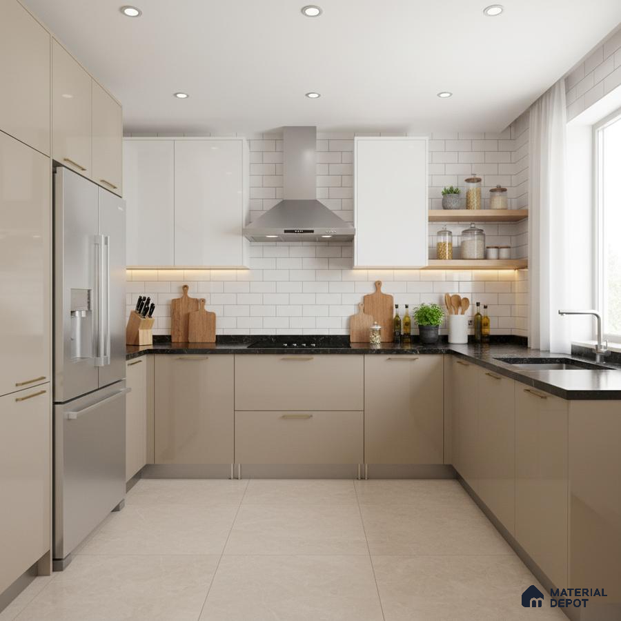 Modern U-shaped kitchen with beige and white high gloss laminate, black granite countertop, and white subway tile backsplash in Bengaluru