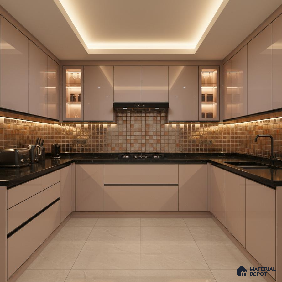 Modern U-shaped kitchen with beige high gloss laminate, black quartz countertop, and bronze mosaic backsplash tiles in Bengaluru