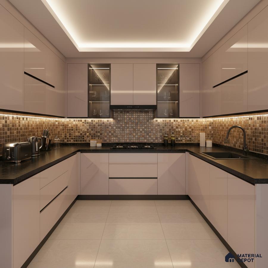 Modern U-shaped kitchen with beige high gloss laminate, black quartz countertop, and mosaic tile backsplash in Bengaluru