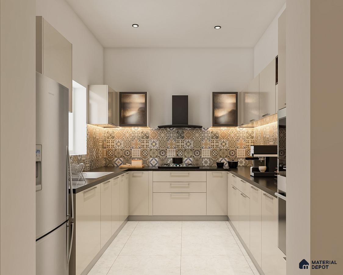 Modern U-shaped kitchen with beige laminate cabinets and patterned moroccan backsplash tiles in Bengaluru | Material Depot