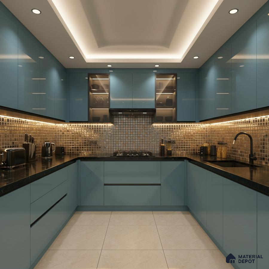 Modern U-shaped kitchen with blue high gloss laminate, black quartz countertop, and metallic mosaic backsplash tiles in Bengaluru