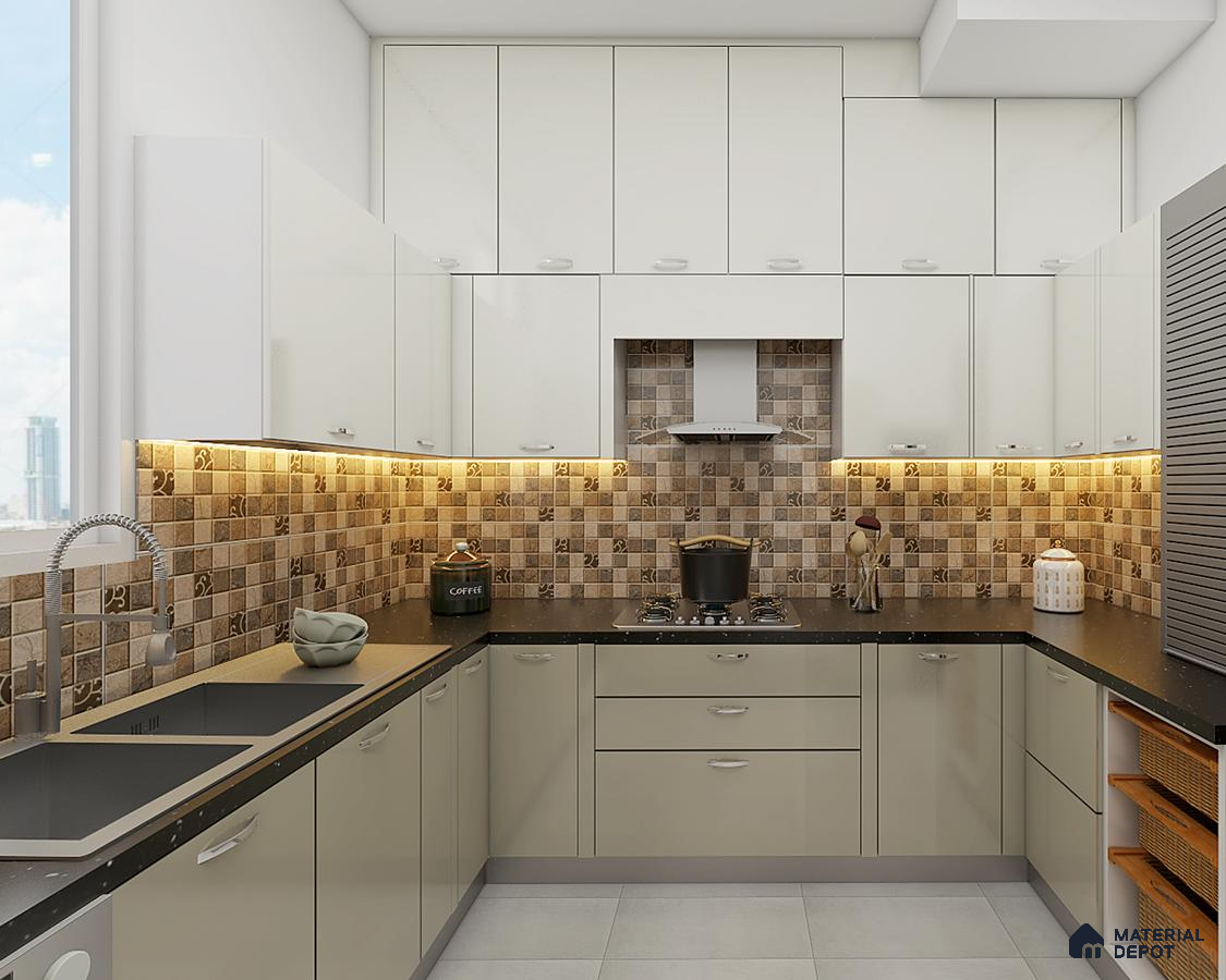 Modern U-shaped kitchen with glossy beige and white laminate, black quartz countertop, and patterned brown backsplash tiles in Bengaluru | Material Depot