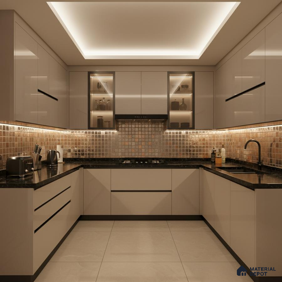 Modern U-shaped kitchen with glossy beige laminate, black granite countertop, and bronze mosaic backsplash tiles in Bengaluru