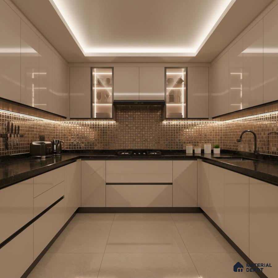 Modern U-shaped kitchen with glossy beige laminate, black quartz countertop, and bronze mosaic backsplash tiles in Bengaluru