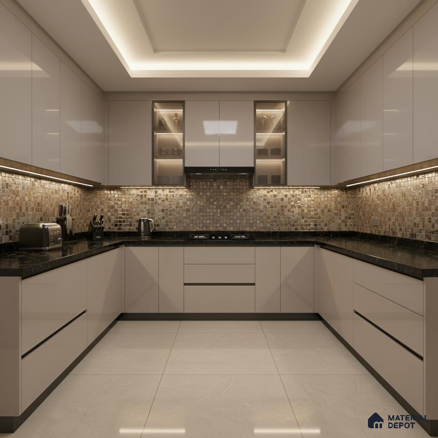 Modern U-shaped kitchen with glossy beige laminate, mosaic backsplash tiles, and black granite countertop in Bengaluru