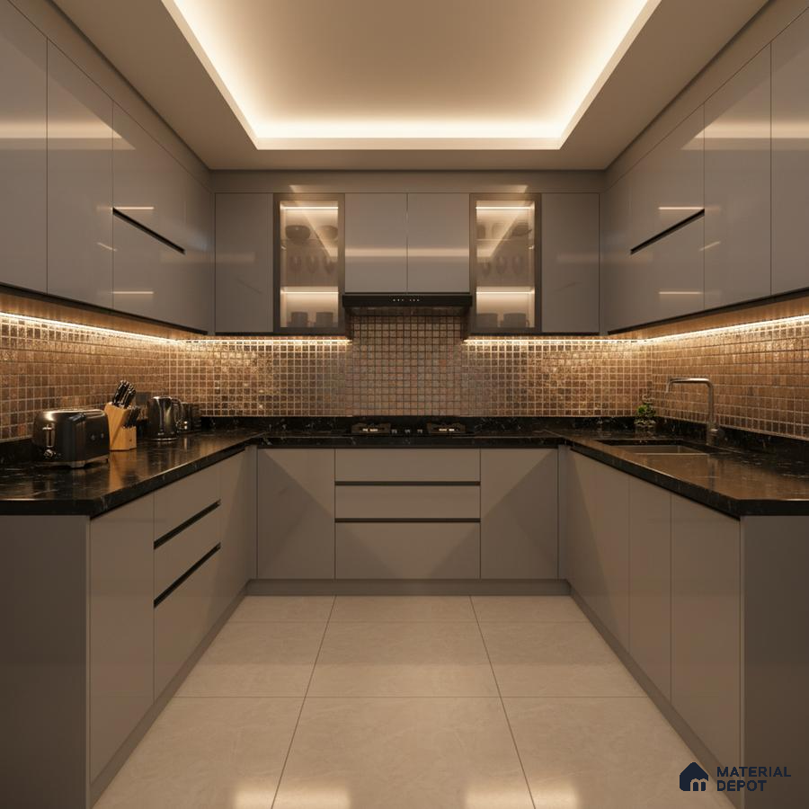 Modern U-shaped kitchen with glossy grey laminate, black granite countertop, and bronze mosaic backsplash tiles in Bengaluru