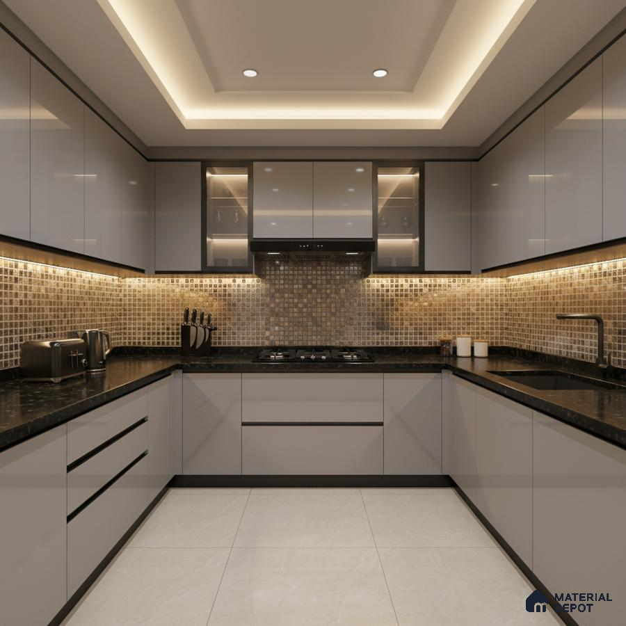 Modern U-shaped kitchen with glossy grey laminate, black granite countertop, and mosaic backsplash tiles in Bengaluru