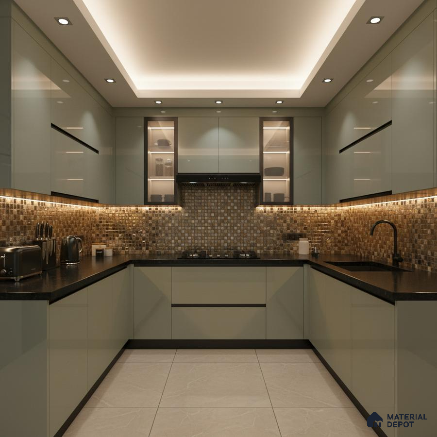 Modern U-shaped kitchen with glossy sage green laminate, mosaic tile backsplash, and black quartz countertop in Bengaluru